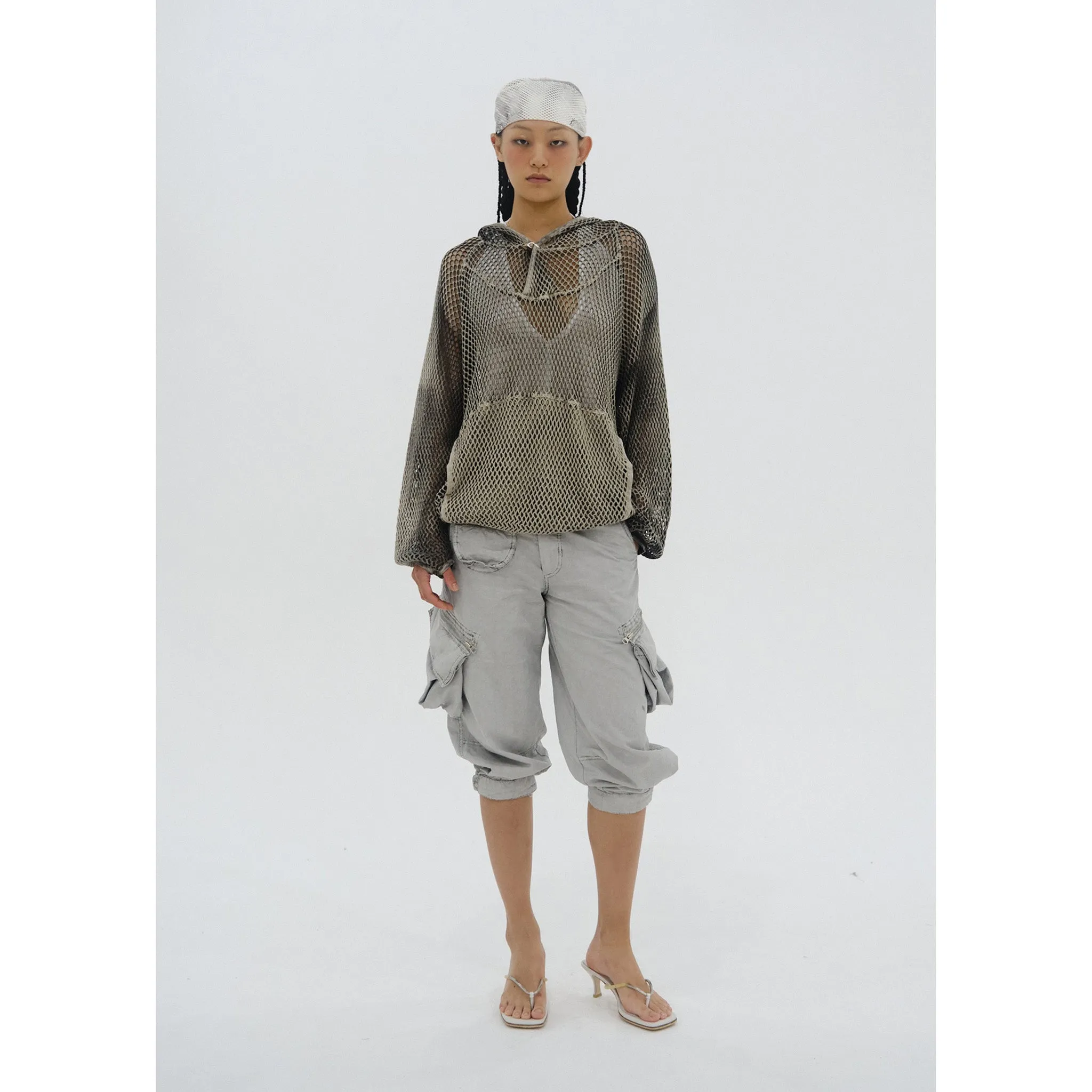 SPRAY-DYED MESH HOODIE / STONE BEIGE