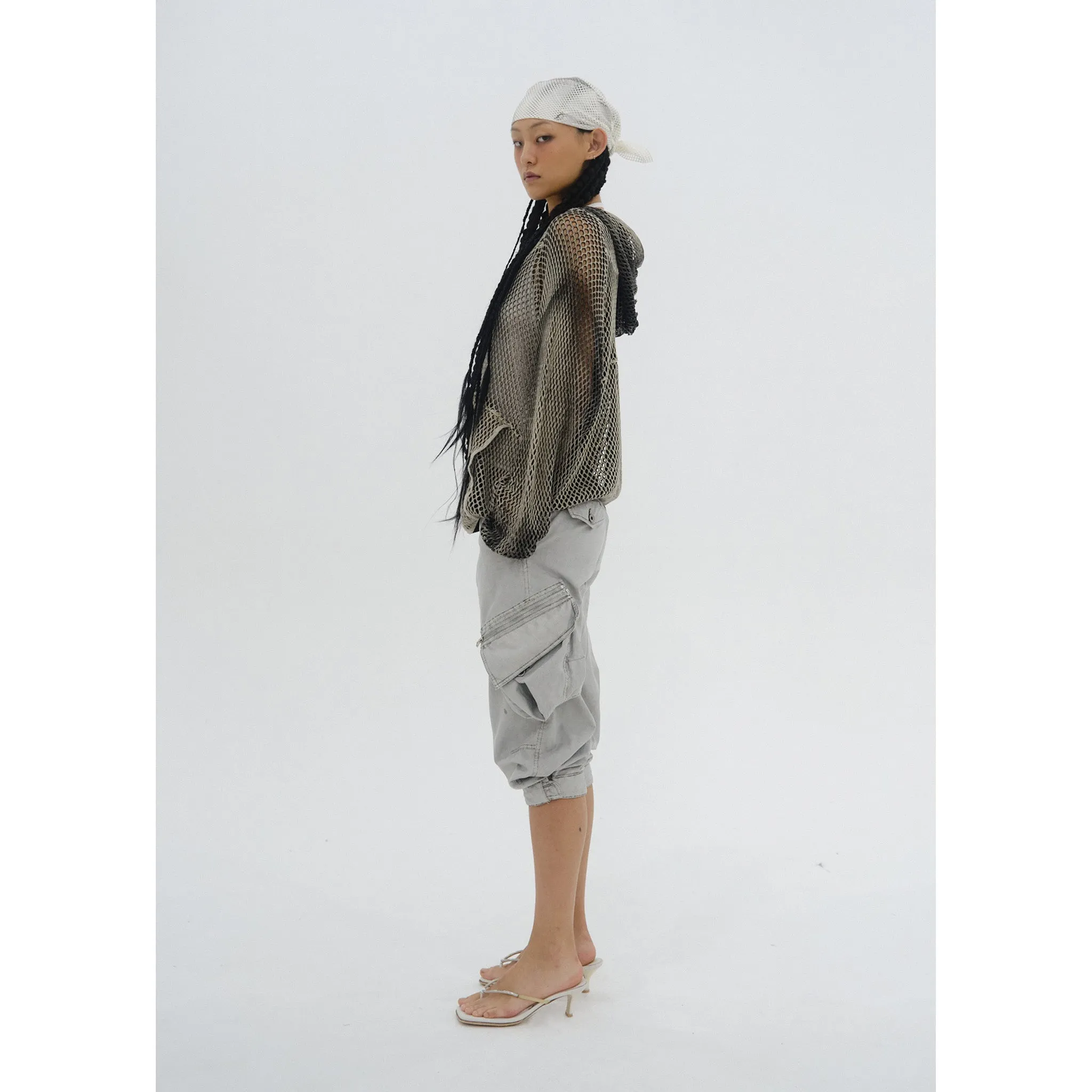 SPRAY-DYED MESH HOODIE / STONE BEIGE