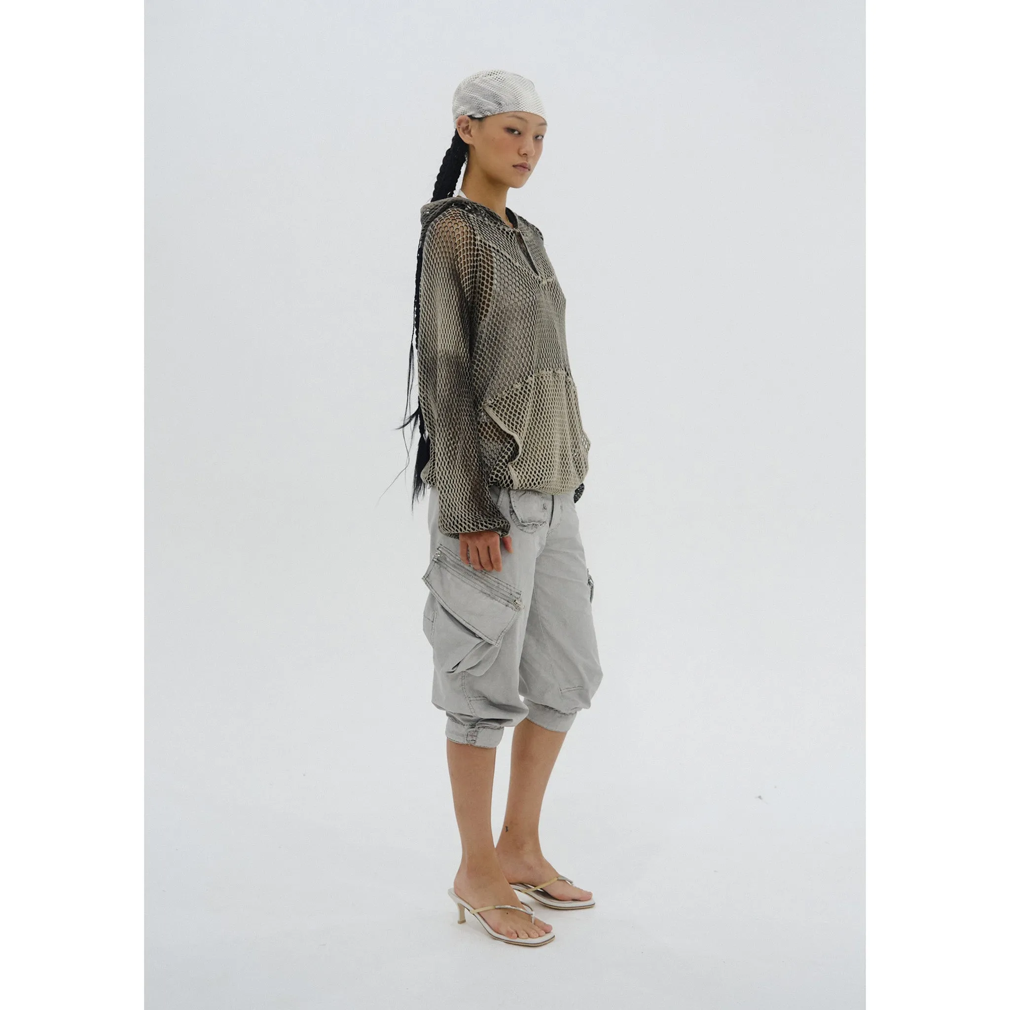 SPRAY-DYED MESH HOODIE / STONE BEIGE