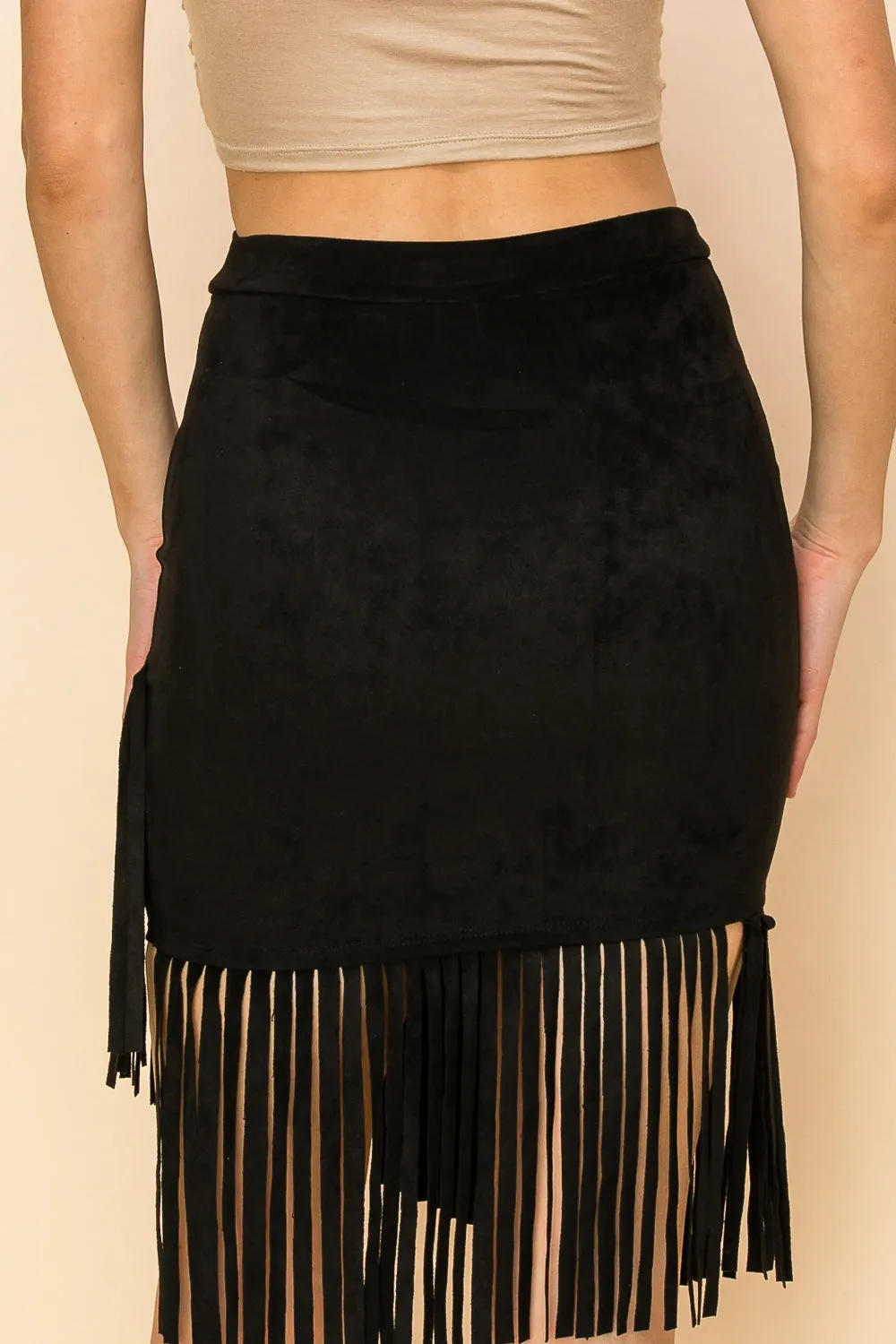 Stud Embellished Fringe Suede Skirt - Black
