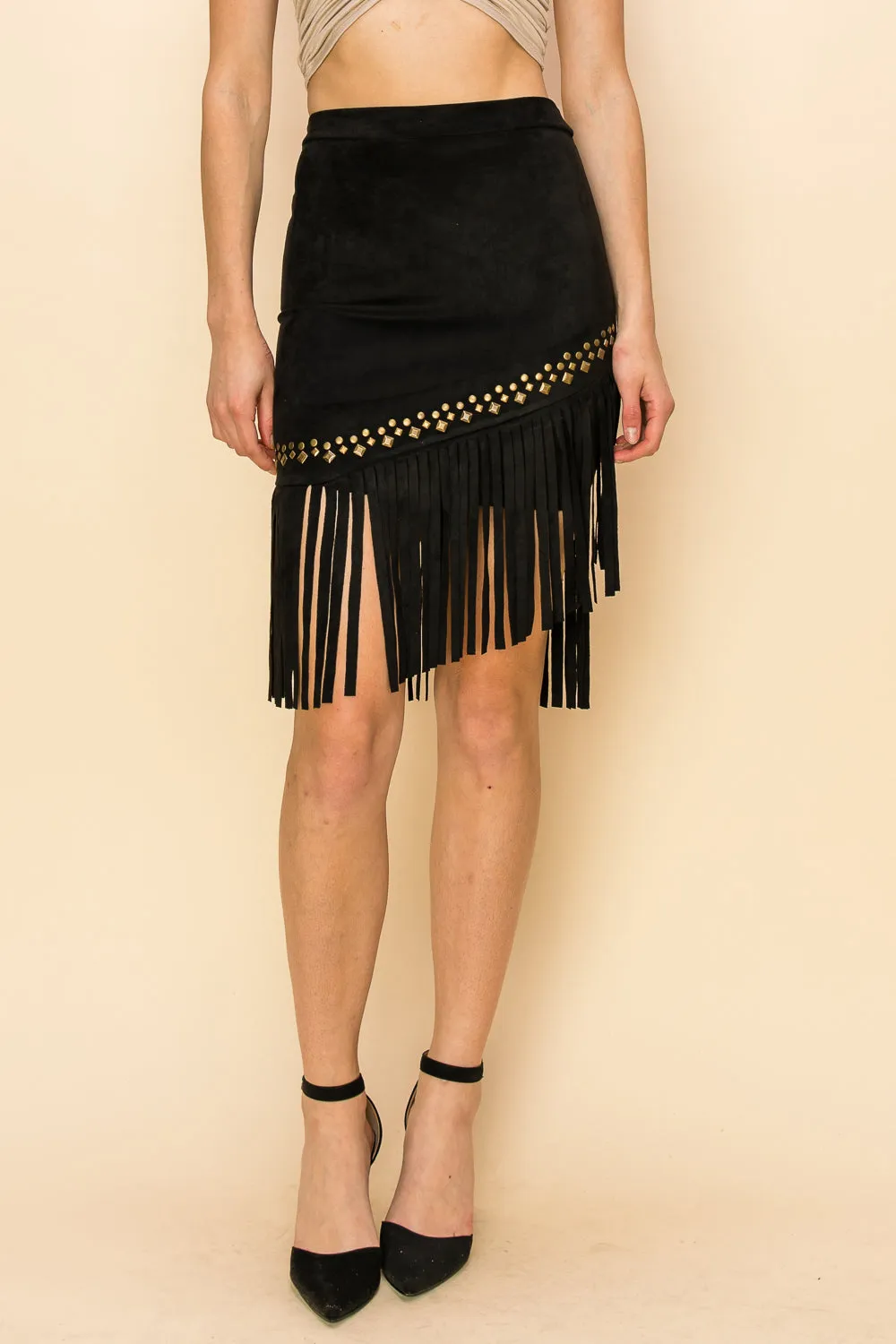 Stud Embellished Fringe Suede Skirt - Black
