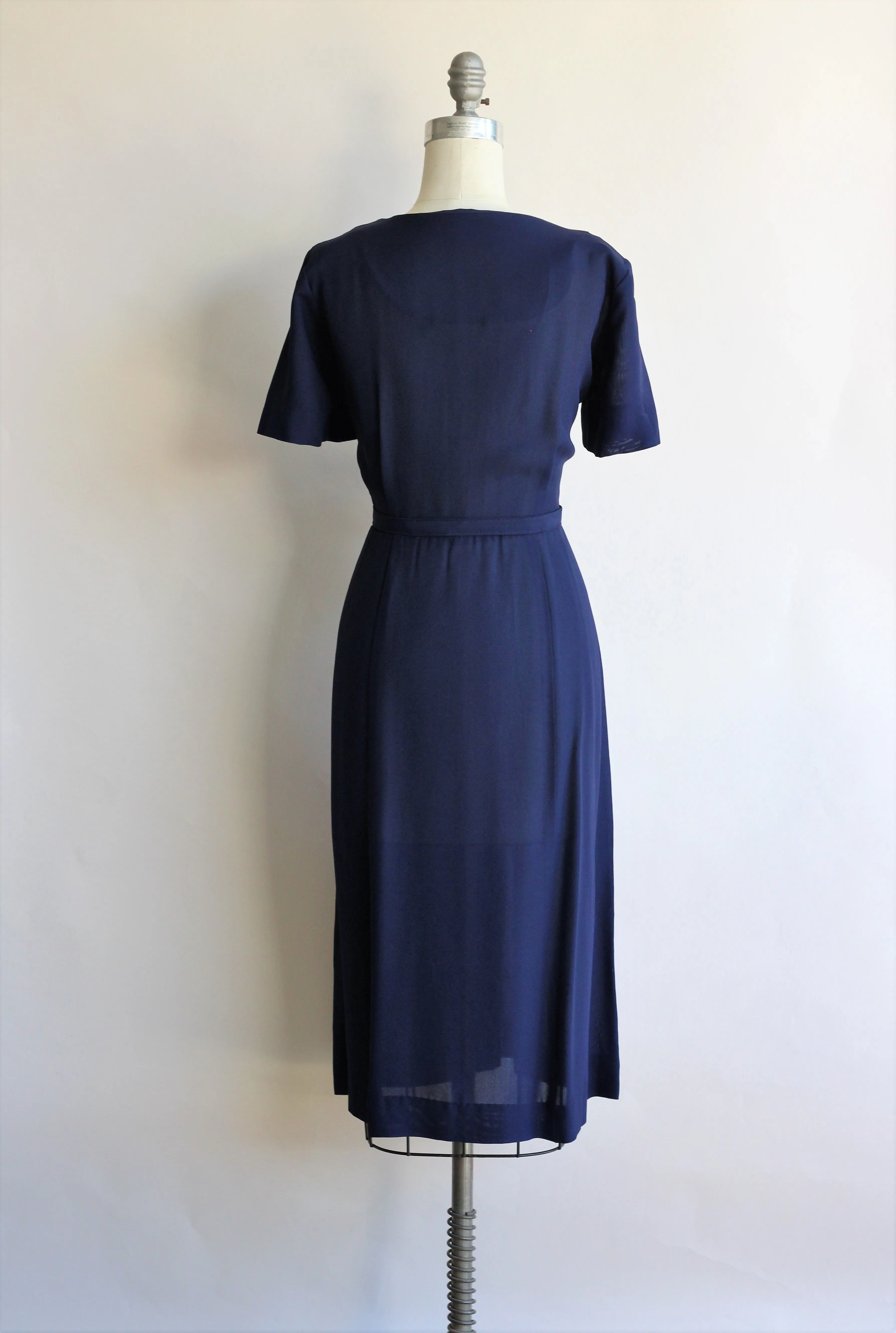 Vintage 1940s Navy Blue Rayon Dress With Belt