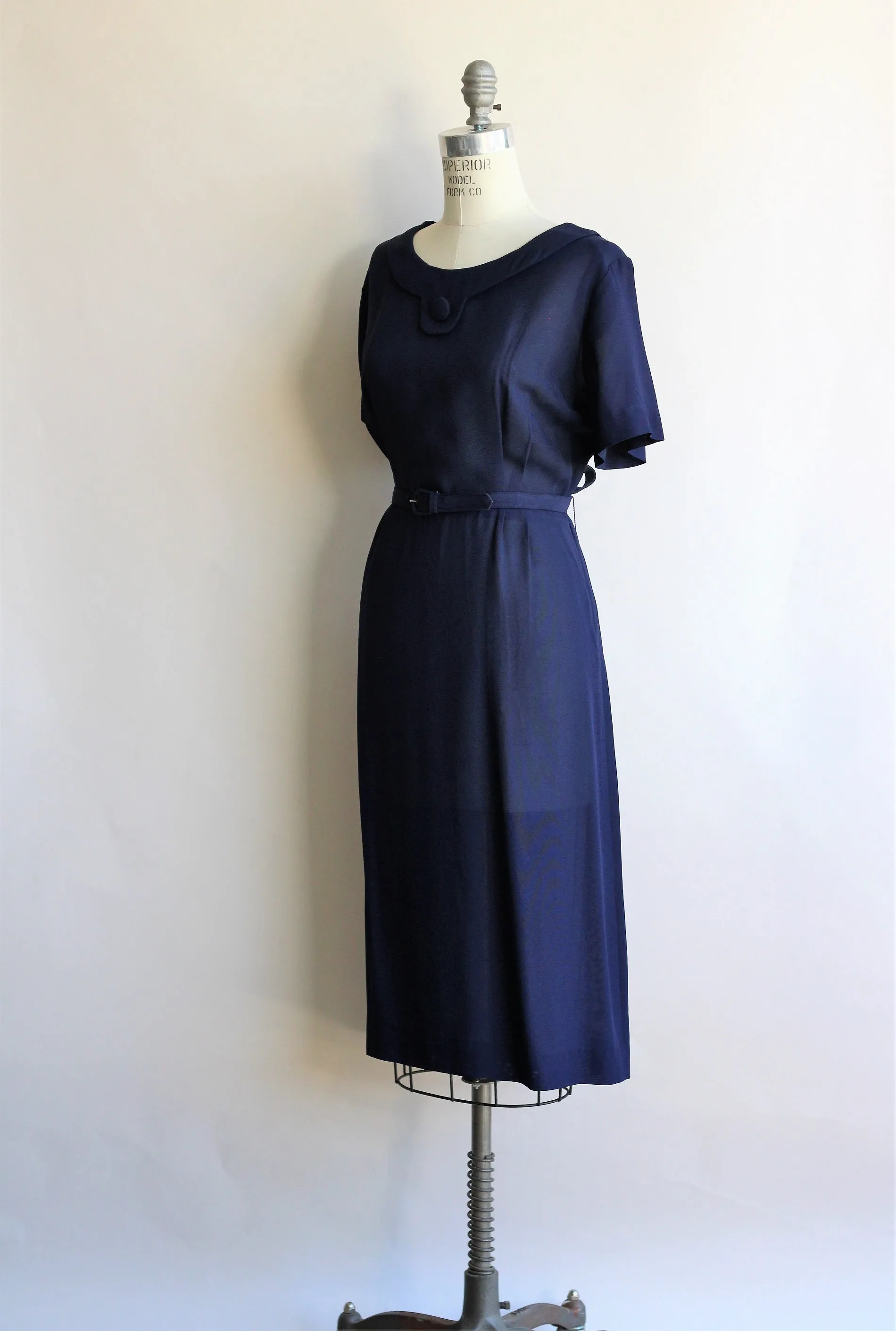 Vintage 1940s Navy Blue Rayon Dress With Belt