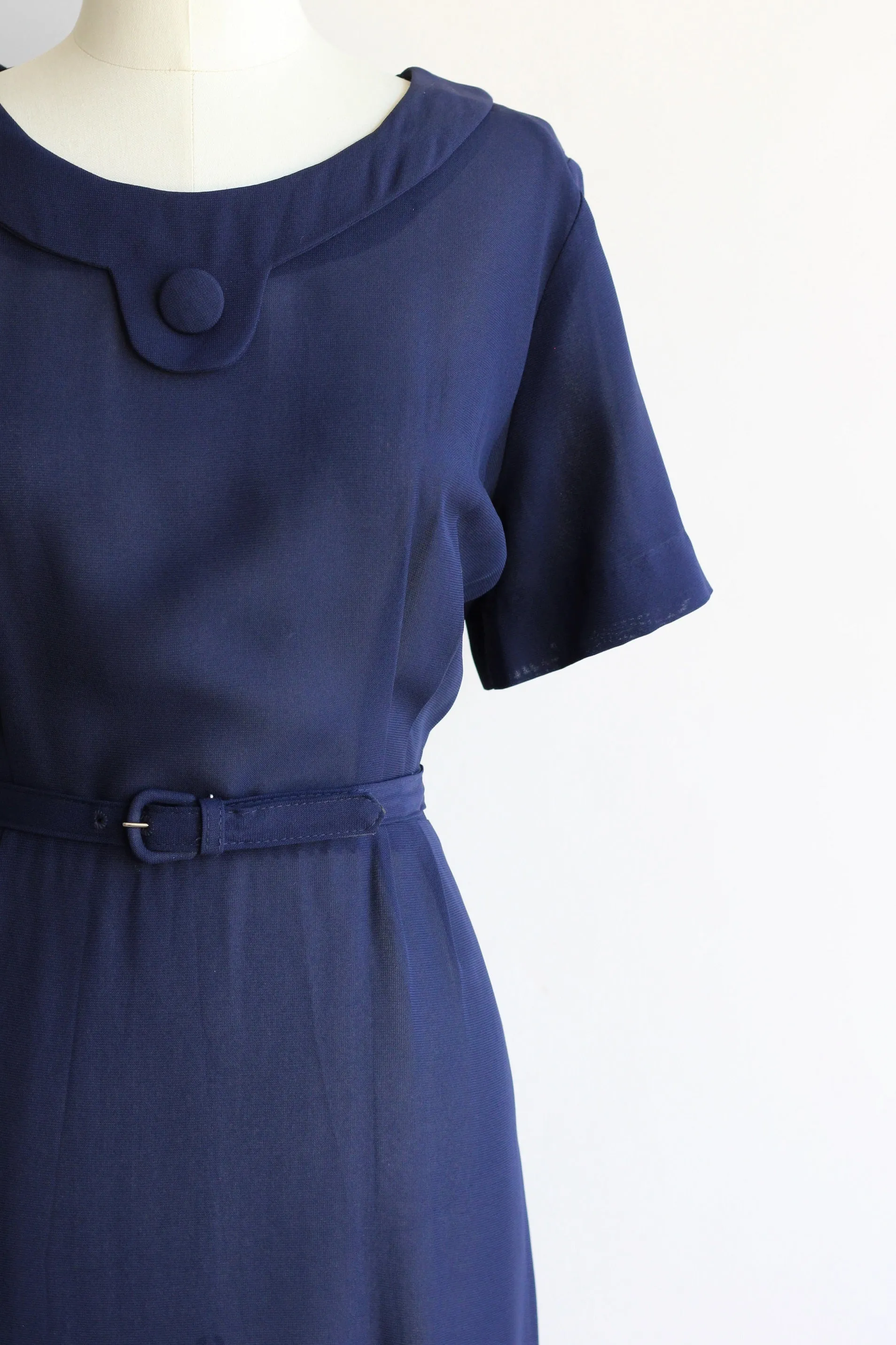 Vintage 1940s Navy Blue Rayon Dress With Belt