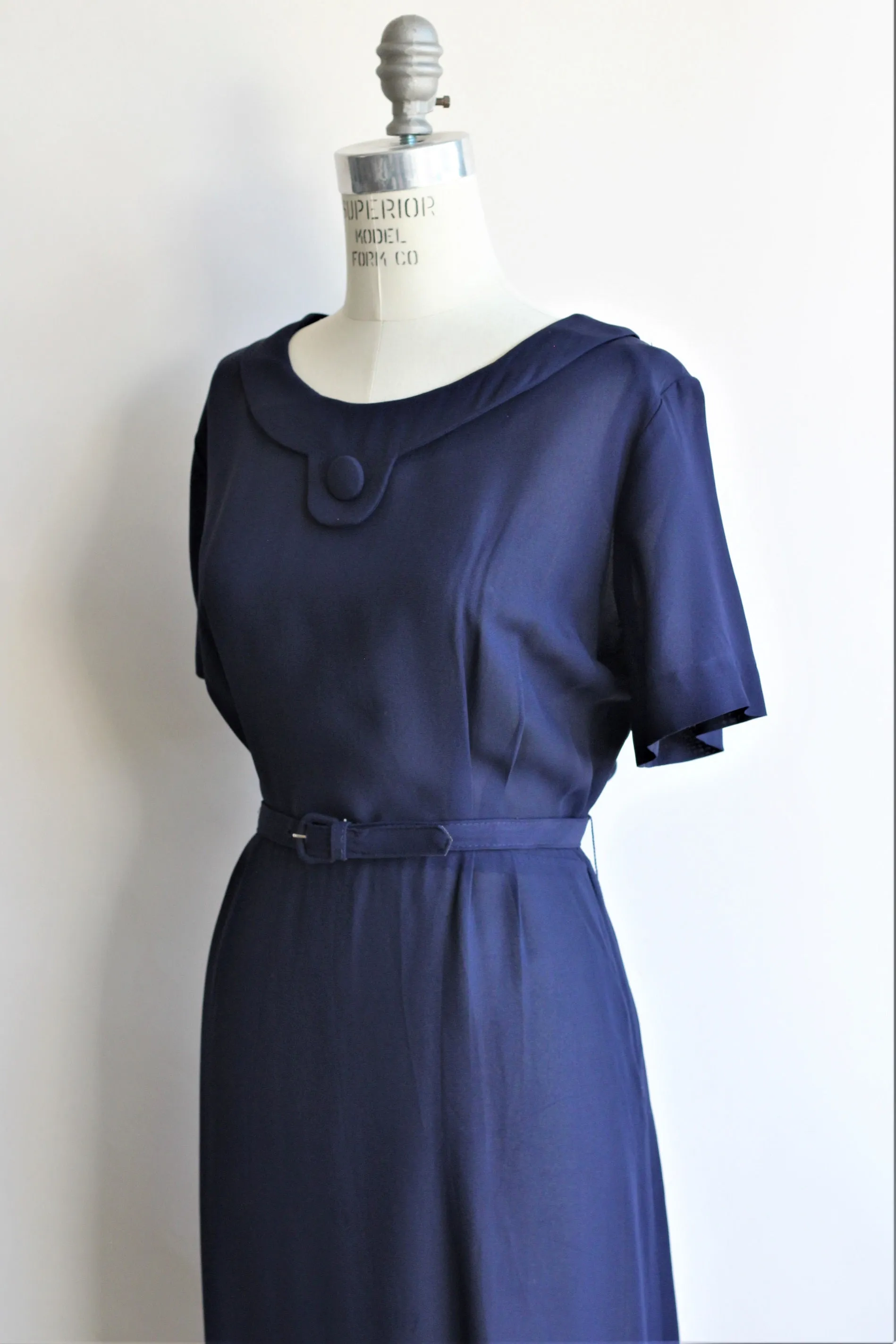 Vintage 1940s Navy Blue Rayon Dress With Belt
