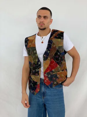Vintage 90s Simply Good Leather Fashion Embroidered Patchwork Leather Vest