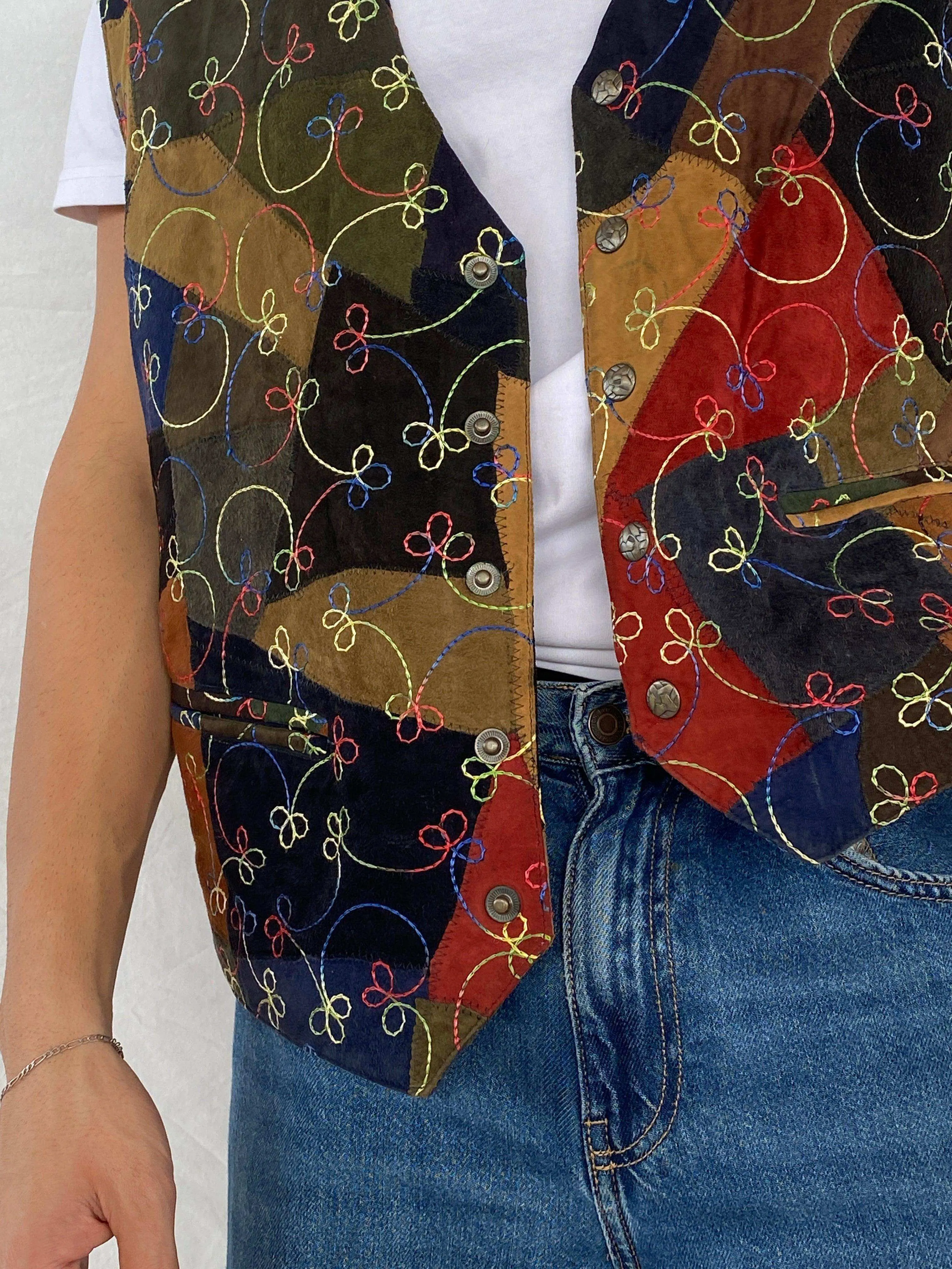 Vintage 90s Simply Good Leather Fashion Embroidered Patchwork Leather Vest