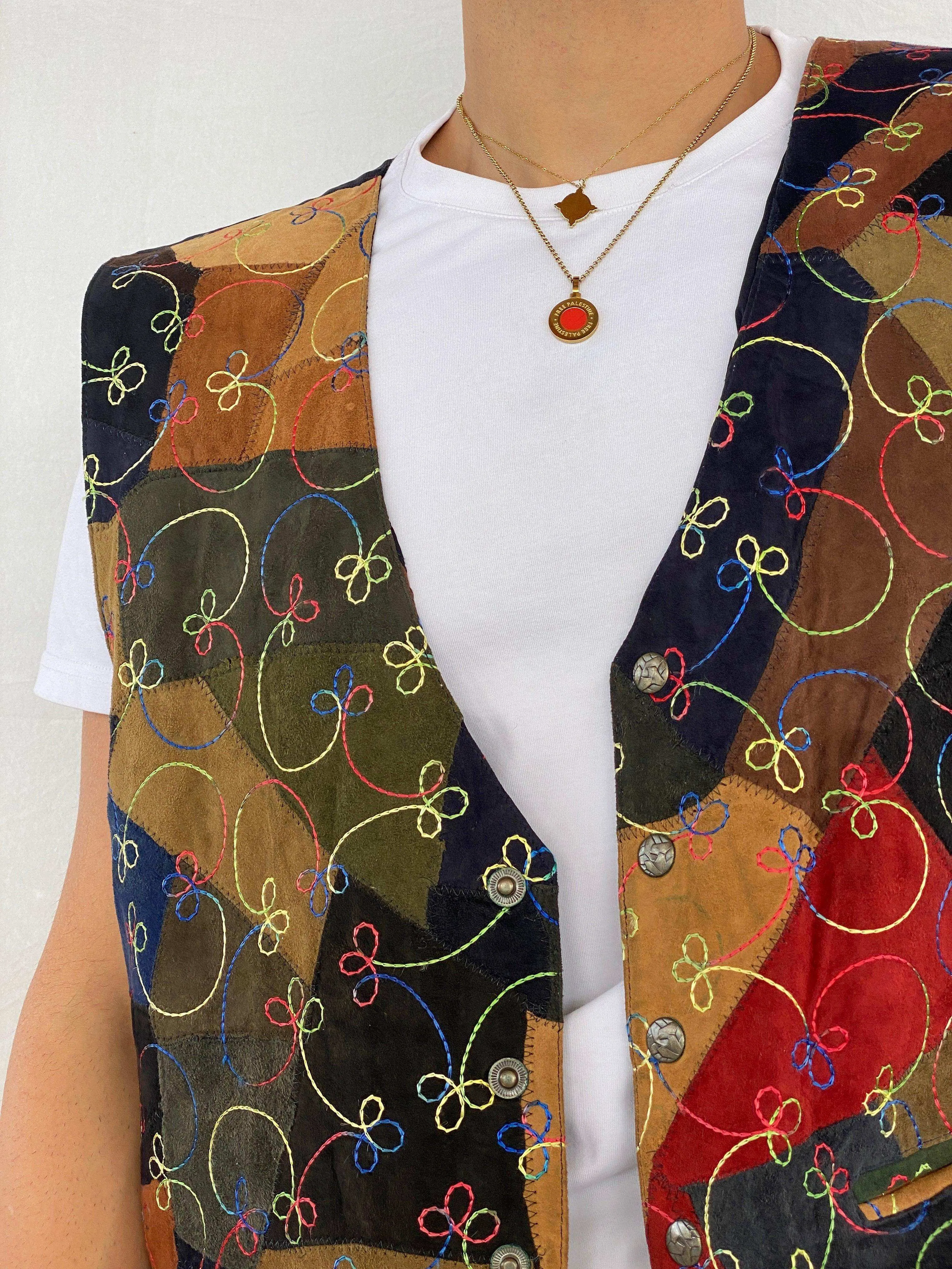 Vintage 90s Simply Good Leather Fashion Embroidered Patchwork Leather Vest