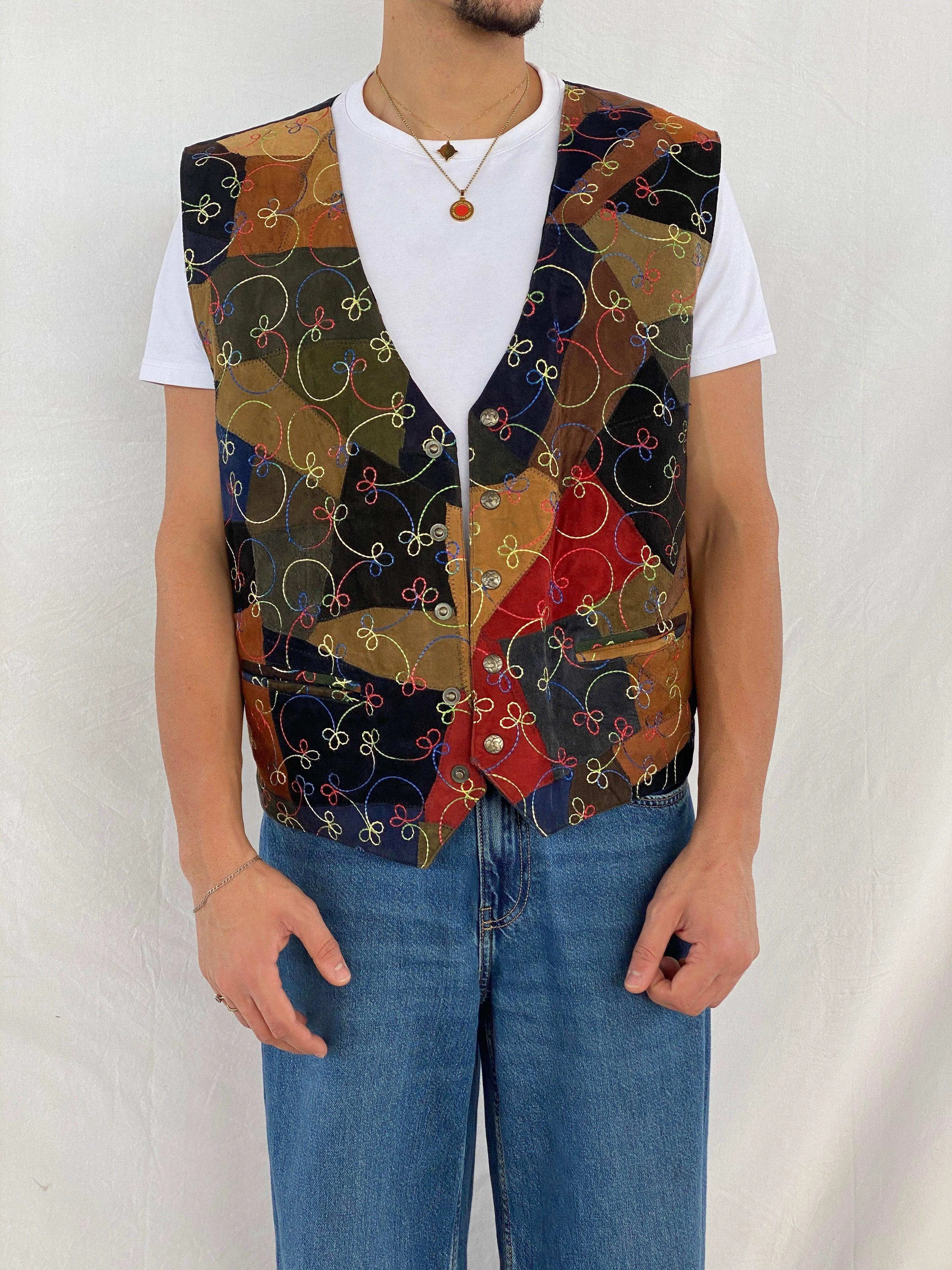 Vintage 90s Simply Good Leather Fashion Embroidered Patchwork Leather Vest