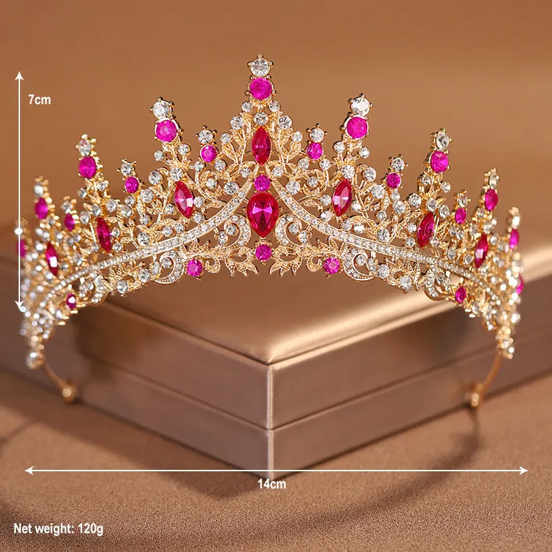 Wedding Bridal Crown Birthday Hair Accessories Rose Red Retro Luxury Necklace Earrings Three-Piece Set