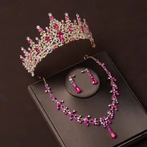 Wedding Bridal Crown Birthday Hair Accessories Rose Red Retro Luxury Necklace Earrings Three-Piece Set