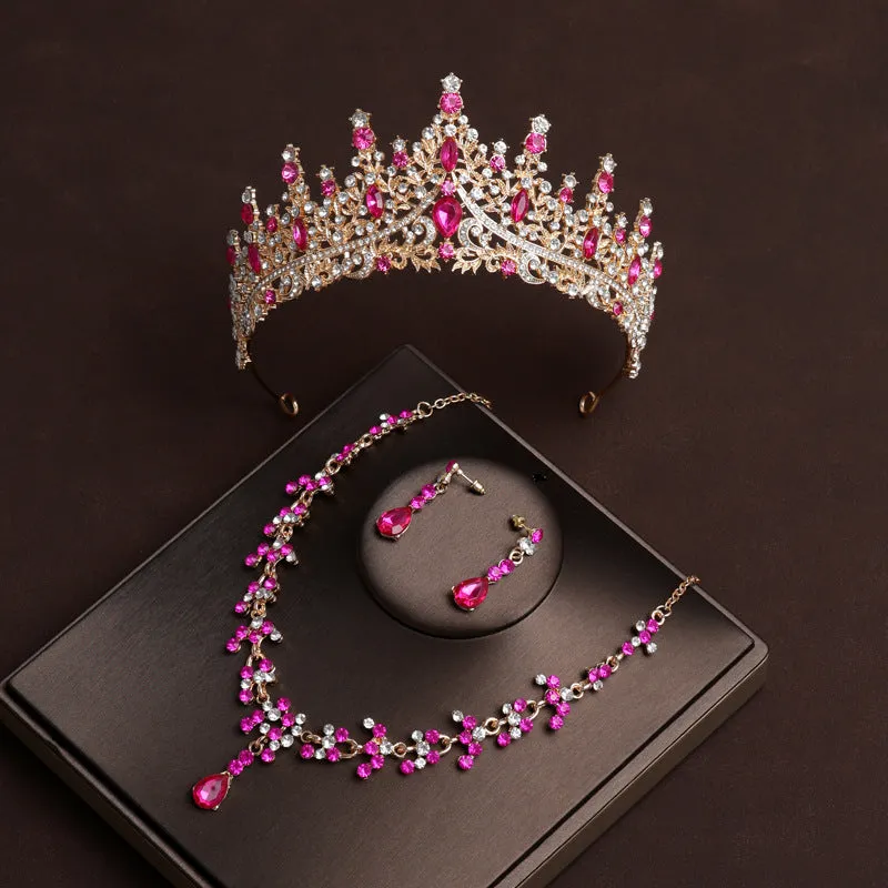Wedding Bridal Crown Birthday Hair Accessories Rose Red Retro Luxury Necklace Earrings Three-Piece Set