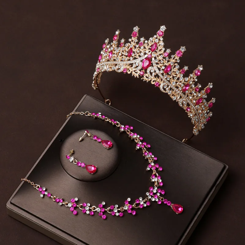 Wedding Bridal Crown Birthday Hair Accessories Rose Red Retro Luxury Necklace Earrings Three-Piece Set