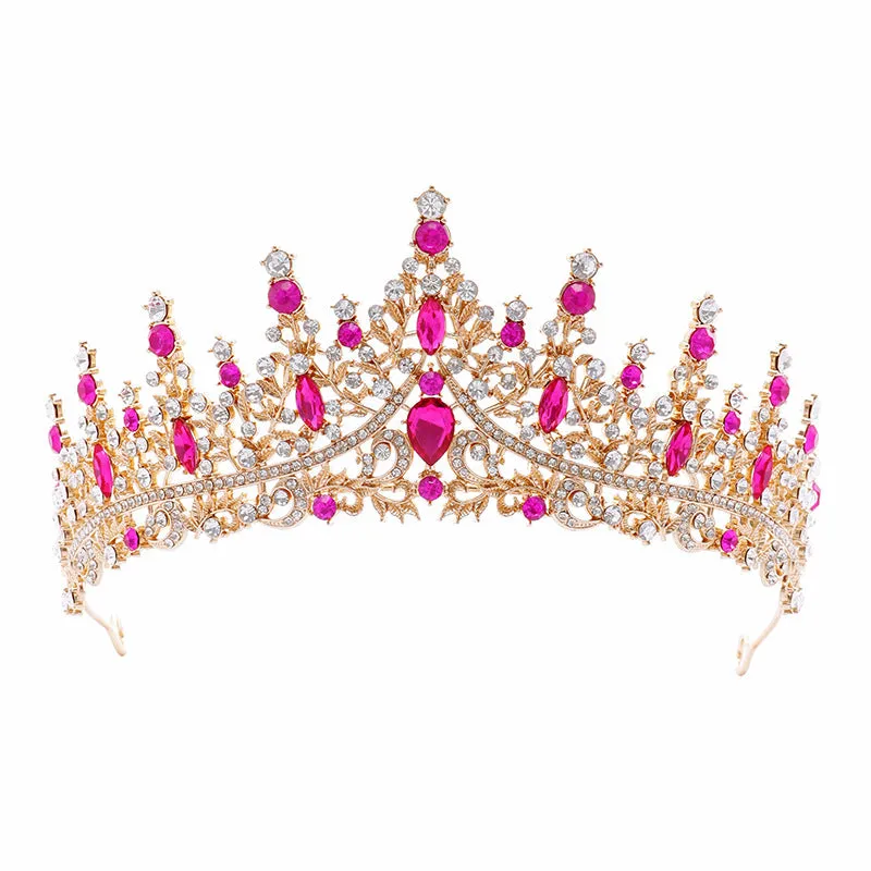 Wedding Bridal Crown Birthday Hair Accessories Rose Red Retro Luxury Necklace Earrings Three-Piece Set