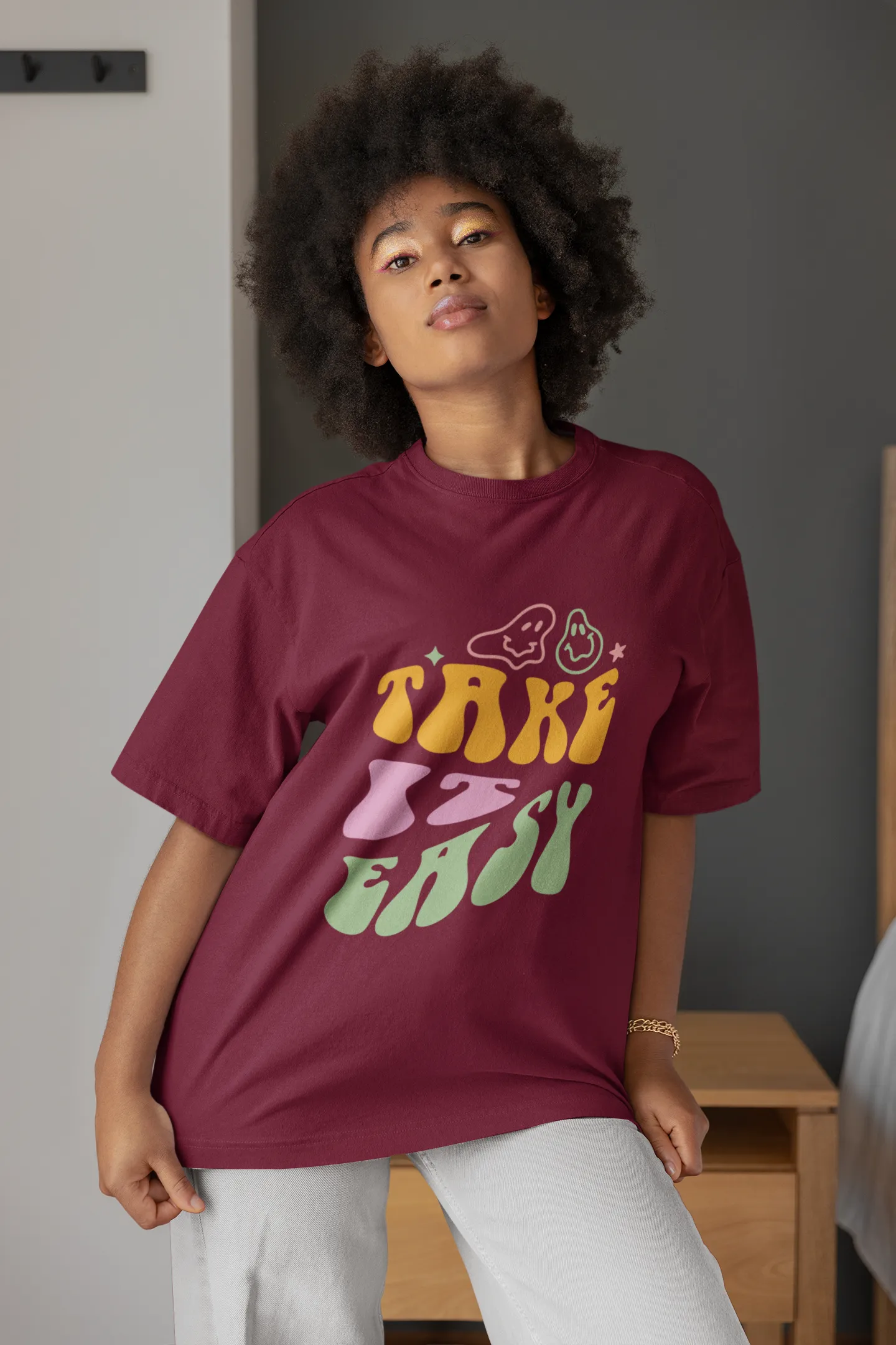Women Maroon Graphic Printed Pure Cotton Drop Shoulder Long T-shirt