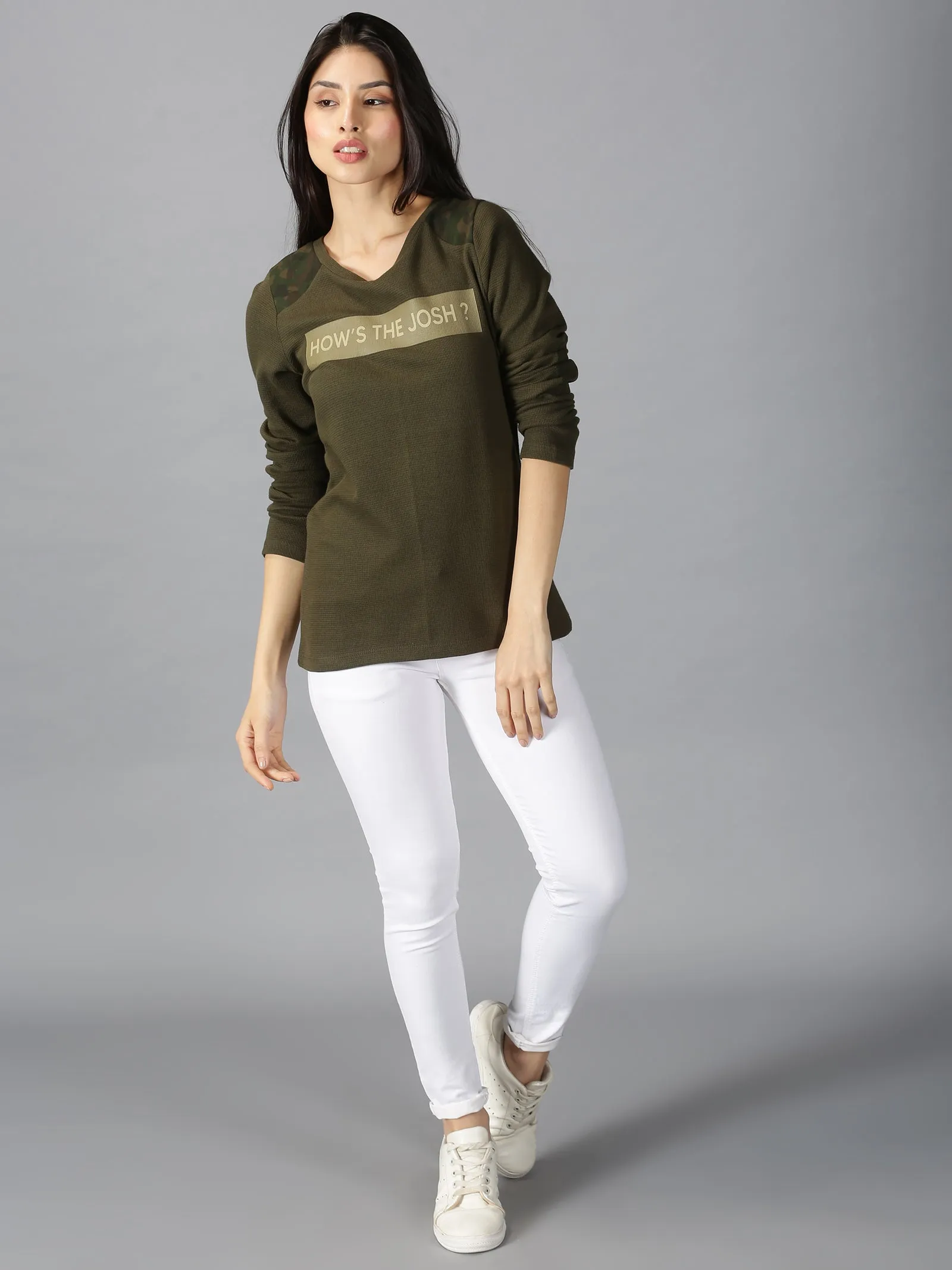 Women Olive Green Typographic Printed Round Neck Casual T-Shirt