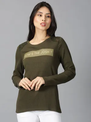 Women Olive Green Typographic Printed Round Neck Casual T-Shirt