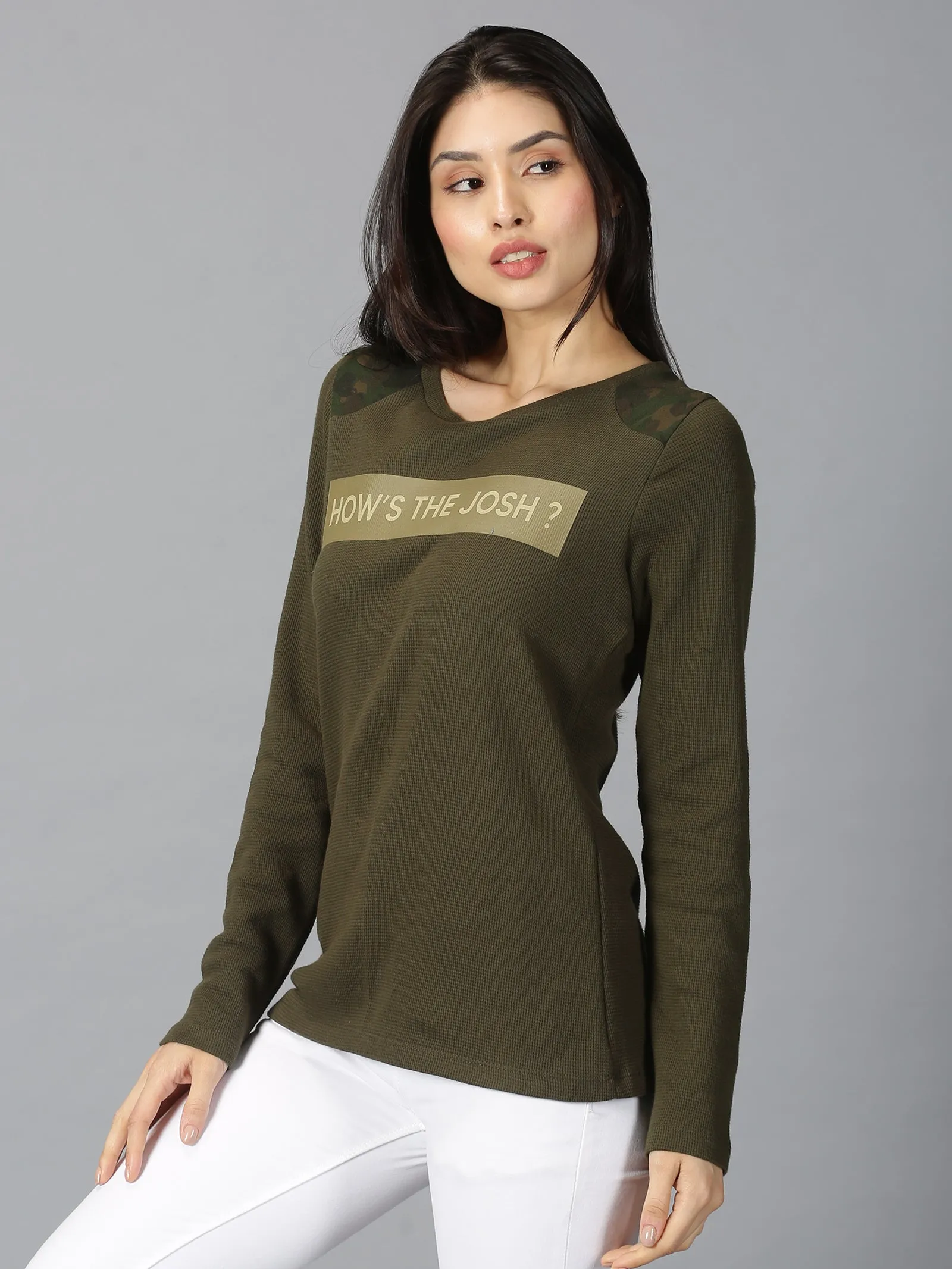 Women Olive Green Typographic Printed Round Neck Casual T-Shirt