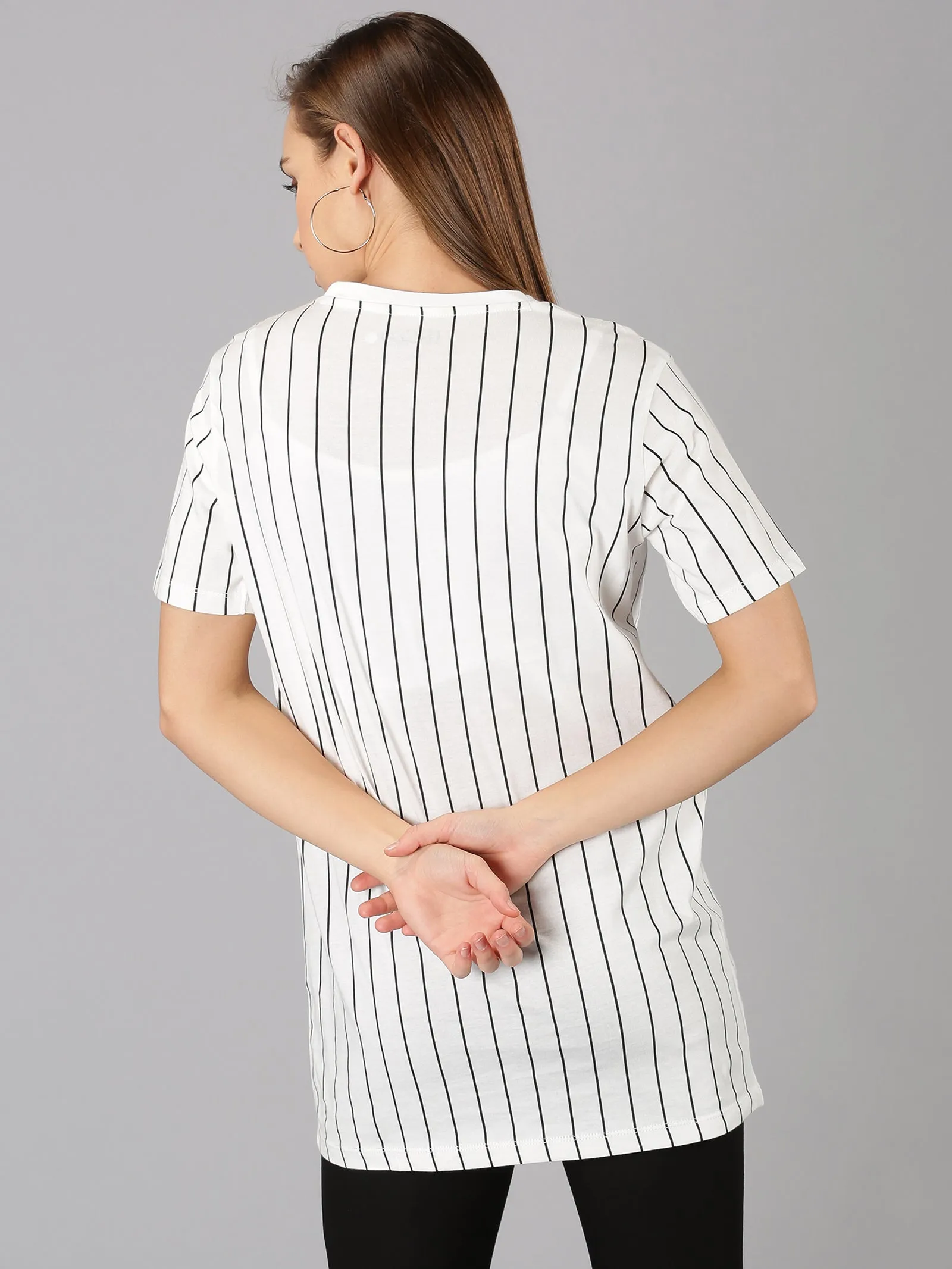 Women White Striped & Typography Round Neck Casual T-Shirt